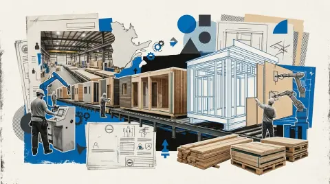 Intérieur d'usine où des modules de maison en bois sont en cours de finition sur une chaîne de production, Québec