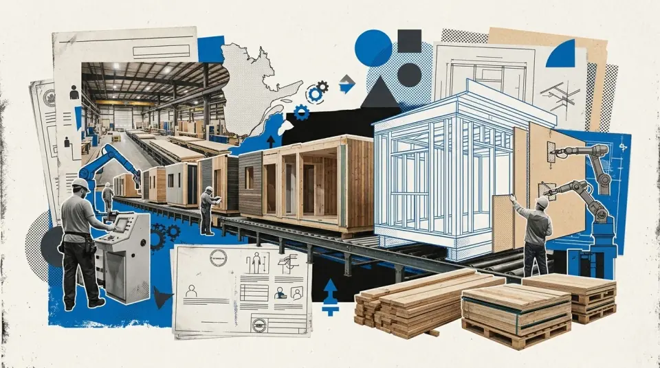 Intérieur d'usine où des modules de maison en bois sont en cours de finition sur une chaîne de production, Québec