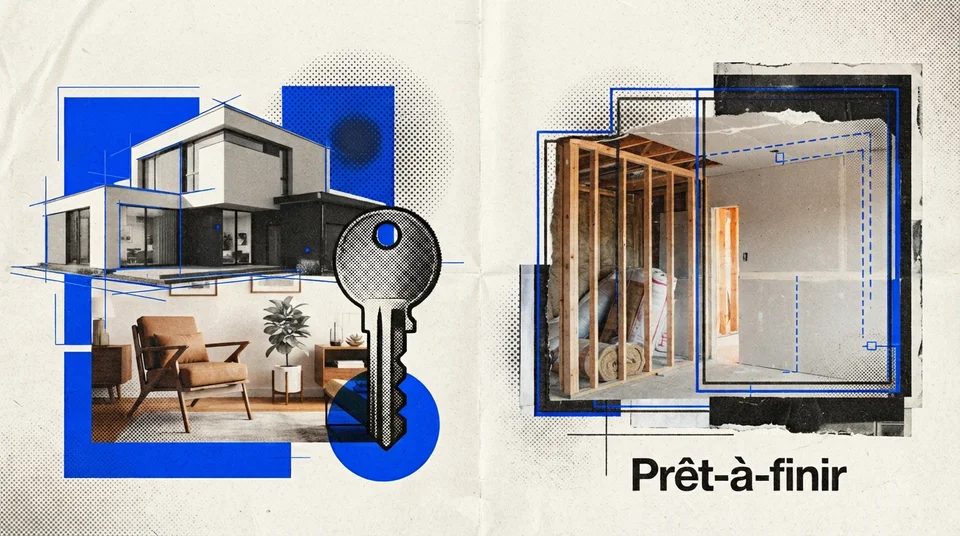 Intérieur d'une maison modulaire en cours de finition, cloisons posées mais murs non peints, au Québec