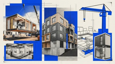 Immeuble locatif modulaire de quatre étages en cours d'assemblage à la grue sur un site urbain québécois