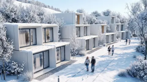 Module de bâtiment complet levé par une grue au-dessus d'une fondation de béton, chantier au Québec
