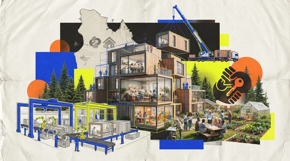 Petit ensemble de logements coopératifs modulaires à échelle humaine avec cour commune, au Québec