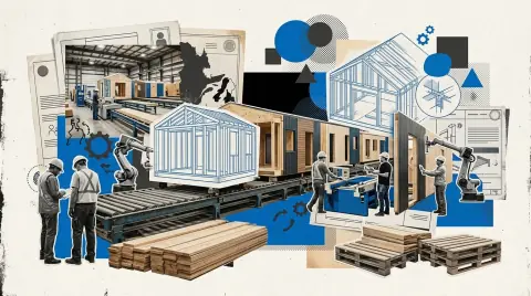 Intérieur d'une usine de fabrication de modules d'habitation au Québec, modules en bois alignés sur la chaîne de production