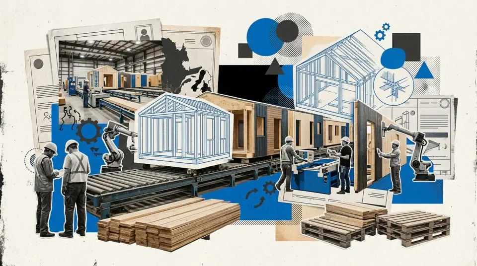 Intérieur d'une usine de fabrication de modules d'habitation au Québec, modules en bois alignés sur la chaîne de production