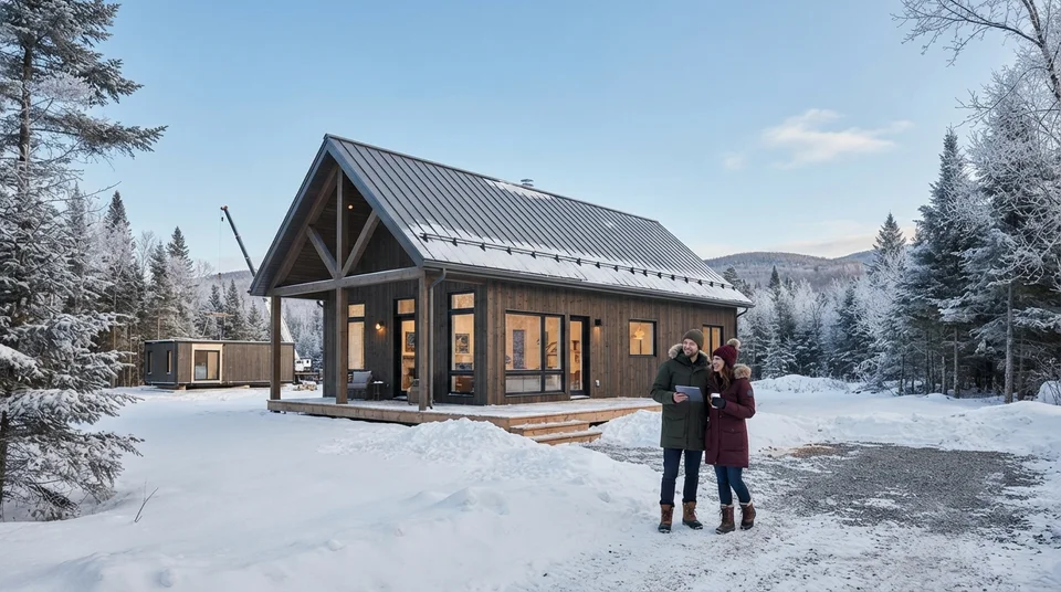 Maison modulaire contemporaine en bois et grandes ouvertures vitrées sur un terrain boisé québécois, lumière de fin de journée