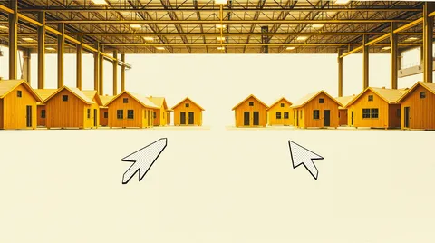 Modules d'habitation en bois empilés dans une usine scandinave automatisée