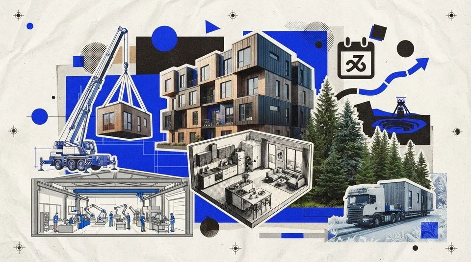 Immeuble résidentiel en modules de bois en assemblage en bordure d'une ville de l'Abitibi-Témiscamingue, forêt boréale d'épinettes en arrière-plan
