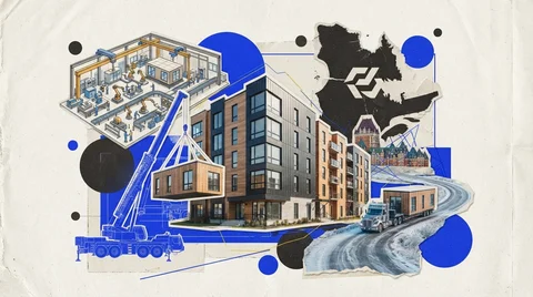 Immeuble résidentiel modulaire de trois étages dans une petite ville de Charlevoix, montagnes et fleuve en arrière-plan