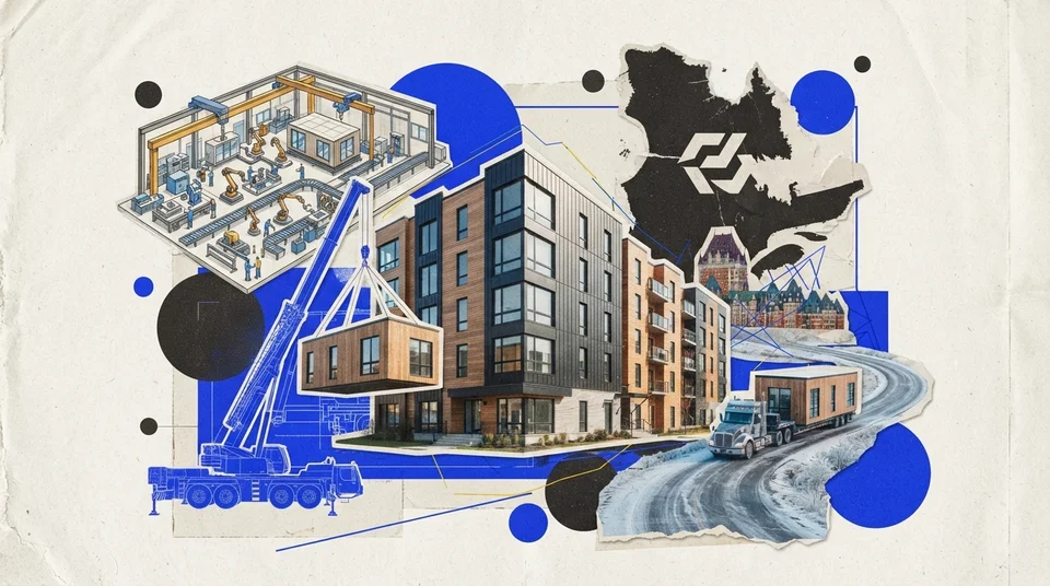 Immeuble résidentiel modulaire de trois étages dans une petite ville de Charlevoix, montagnes et fleuve en arrière-plan