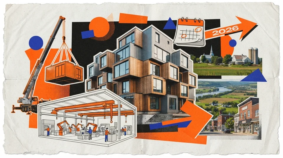 Modules d'un immeuble résidentiel préfabriqué posés à la grue dans une petite ville agricole du Centre-du-Québec