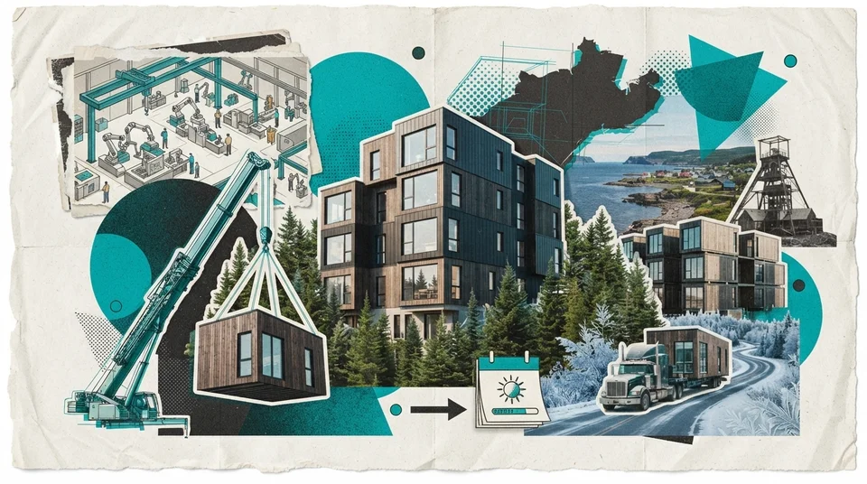 Immeuble résidentiel en bois de trois étages en construction en bordure d'une ville industrielle de la Côte-Nord