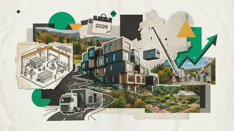 Pose d'un module d'habitation préfabriqué sur un chantier de logements abordables dans une petite ville de l'Estrie