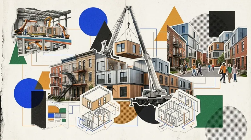 Modules d'habitation préfabriqués posés par grue sur un immeuble résidentiel en construction dans un quartier de Montréal