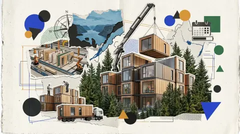 Immeuble résidentiel modulaire de trois étages dans une petite ville du Lac-Saint-Jean, champs et lac à l'horizon