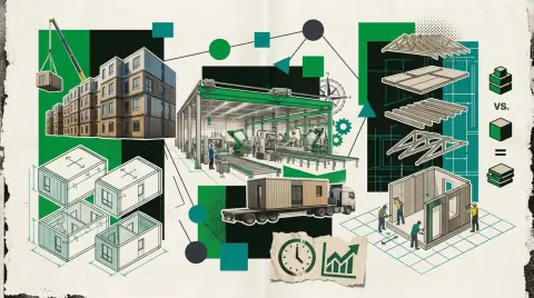 Modules d'une maison préfabriquée assemblés sur une fondation, en usine au Québec