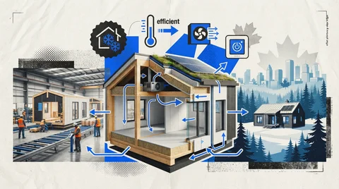 Maison préfabriquée écoénergétique contemporaine au Québec, grandes fenêtres, lumière naturelle