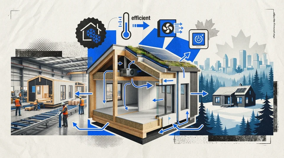 Maison préfabriquée écoénergétique contemporaine au Québec, grandes fenêtres, lumière naturelle