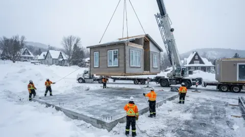 Grue posant un module d'habitation sur des fondations au lever du soleil, chronomètre du chantier en cours