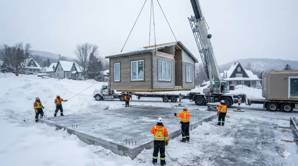 Grue posant un module d'habitation sur des fondations au lever du soleil, chronomètre du chantier en cours
