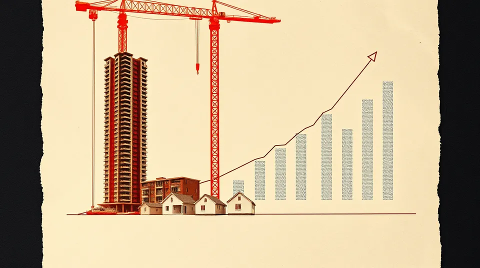 Grues et immeubles locatifs en construction dominant une rangée de petites maisons individuelles
