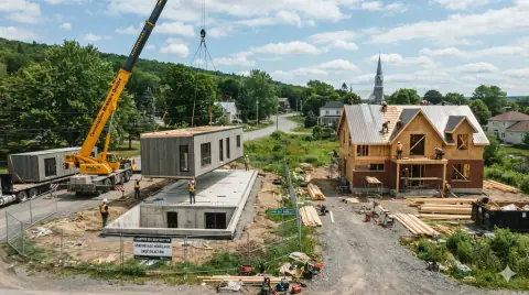 Chantier de maison modulaire assemblée à la grue à côté d'une maison construite sur place, Québec