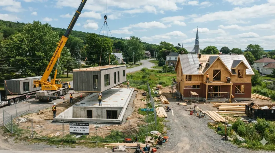 Chantier de maison modulaire assemblée à la grue à côté d'une maison construite sur place, Québec