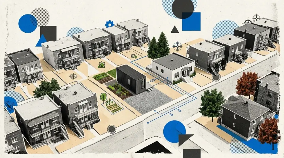 Quartier résidentiel québécois de faible densité vu de haut, une mini-maison neuve dans une cour arrière