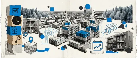 Rue résidentielle d'une ville minière québécoise avec pancarte de logement à louer isolée