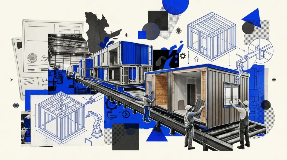 Chaîne d'assemblage d'une usine de construction modulaire québécoise avec un module d'habitation en cours de finition