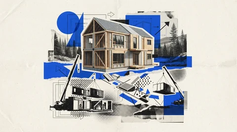 Maison modulaire neuve sur terrain enneigé au Québec, finition bois et pierre