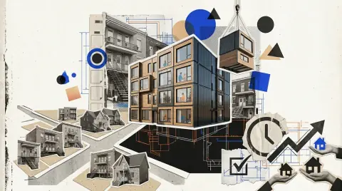 Immeuble résidentiel modulaire fraîchement assemblé en bordure du boulevard de l'Acadie à Montréal
