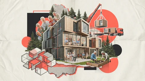 Petite résidence pour aînés modulaire de deux étages en bois clair dans un village québécois, allée accessible