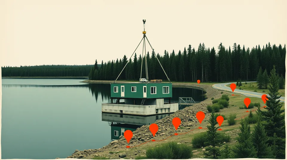 Bâtiment modulaire de six logements en cours d'assemblage au bord d'un lac dans une municipalité forestière du Témiscouata, Bas-Saint-Laurent