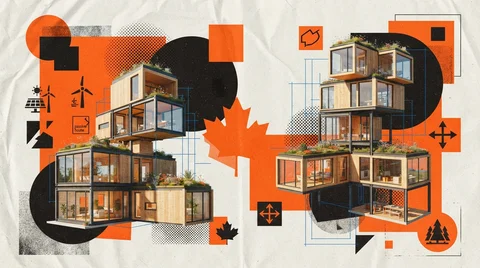 Maison usinée contemporaine au Québec, lignes épurées, grandes fenêtres, intégration paysagère