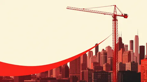 Modules d'habitation empilés par une grue devant une skyline de grande ville nord-américaine