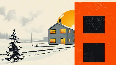 Usine de modules d'habitation illuminée un soir d'hiver, chantier enneigé et figé à l'avant-plan