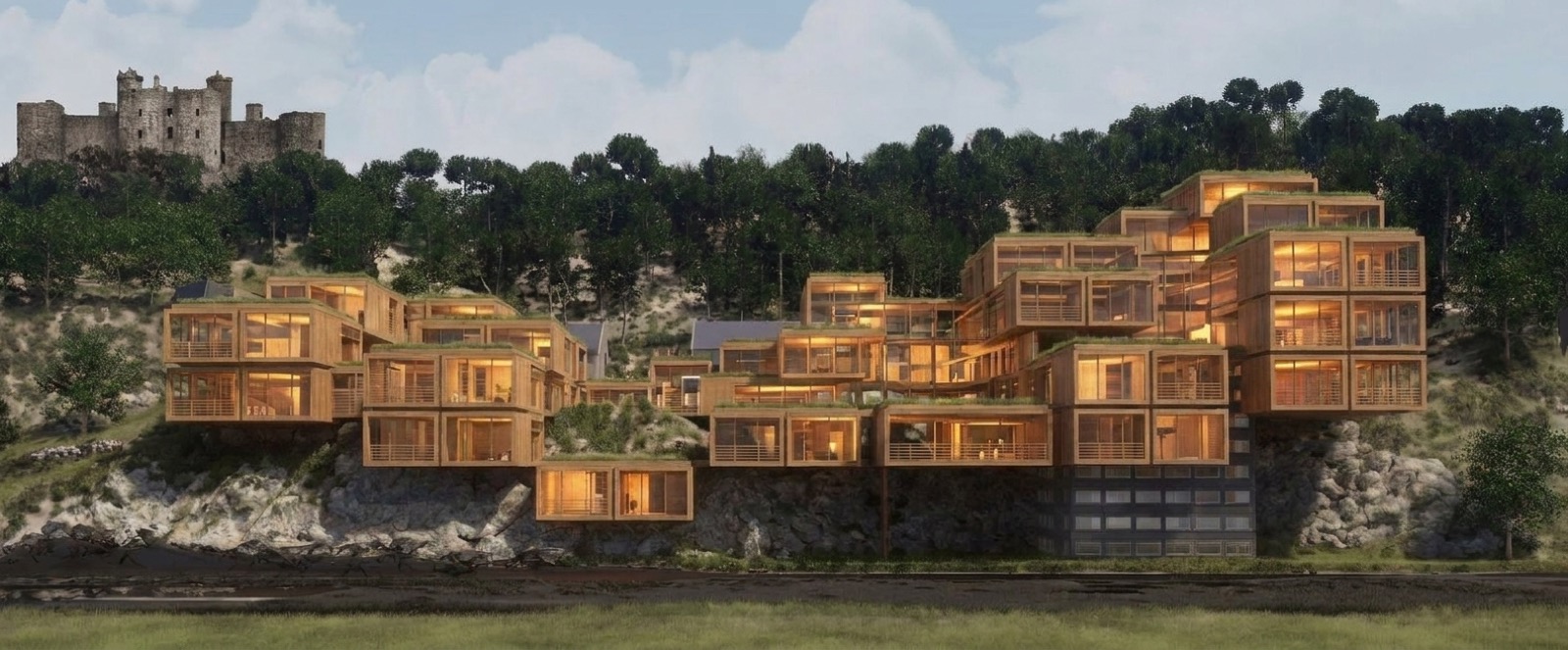 Logements modulaires en terrasses épousant une pente boisée, vue d'ensemble